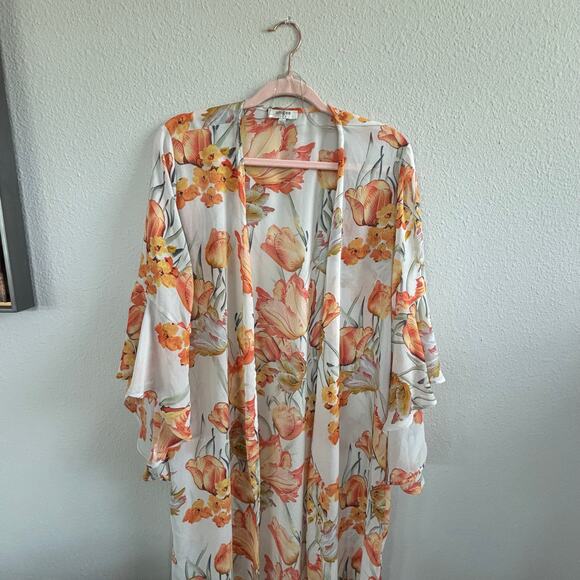 Umgee Lightweight White and Orange Floral Bell Sleeve Duster Kimono Size Large - Picture 10 of 10